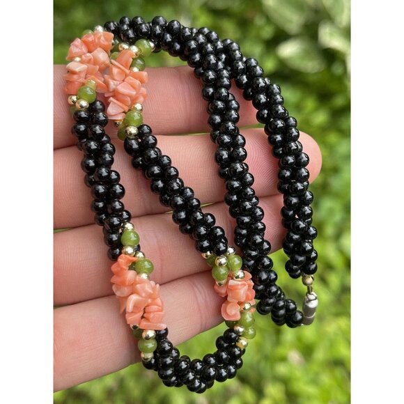 Vintage Coral Onyx Pink Angel Skin Natural Necklace Collar Bead Braided Genuine - Picture 1 of 8